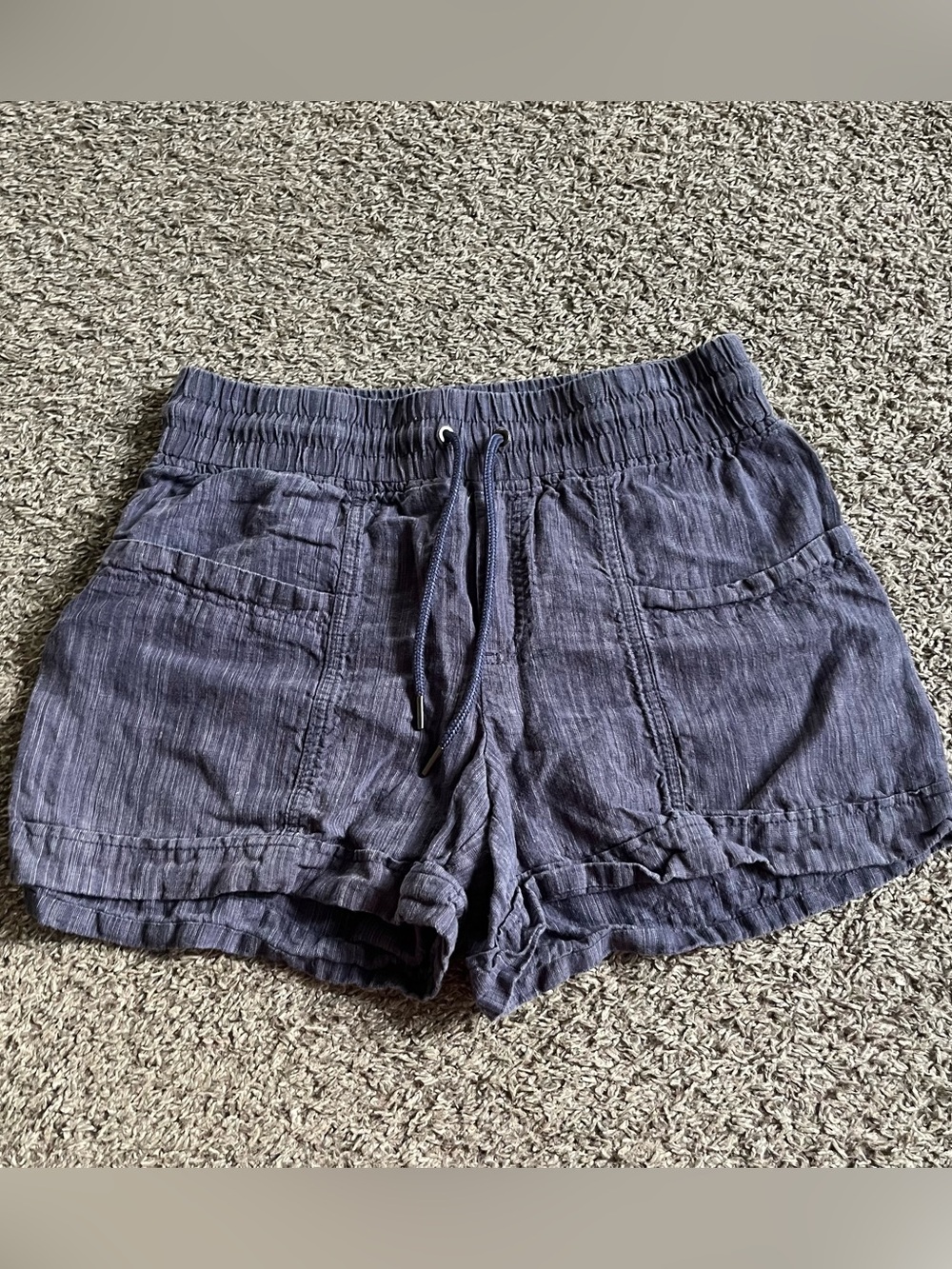 Athleta Linen Shorts High Waisted Drawstring Pull On Blue Pockets 4" Size 6
